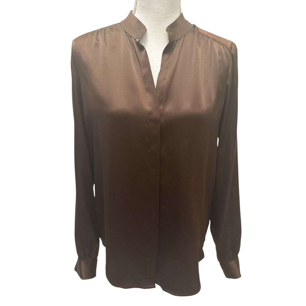 L’AGENCE Bianca 100% Silk Blouse Chocolate Brown Band Collar XS NWOT $395